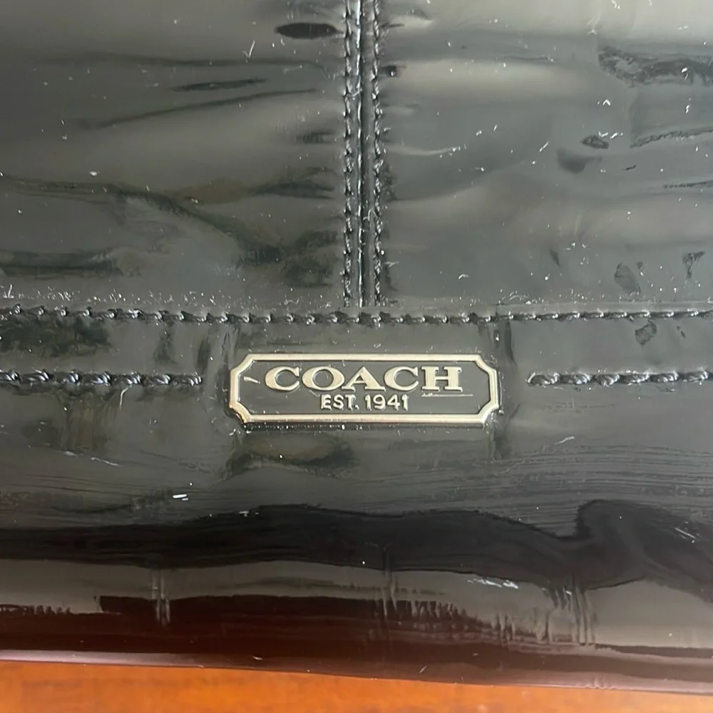 Coach ladies black patent leather tote. Green lining. F24893.